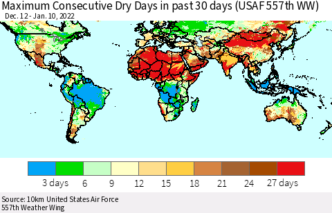 World Maximum Consecutive Dry Days in past 30 days (USAF 557th WW) 01/10/2022 Thematic Map For 1/6/2022 - 1/10/2022