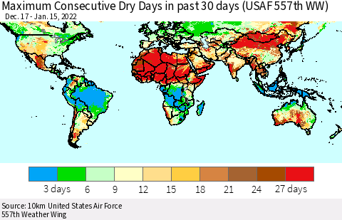 World Maximum Consecutive Dry Days in past 30 days (USAF 557th WW) 01/15/2022 Thematic Map For 1/11/2022 - 1/15/2022