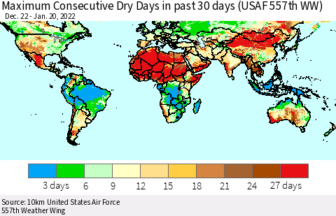 World Maximum Consecutive Dry Days in past 30 days (USAF 557th WW) 01/20/2022 Thematic Map For 1/16/2022 - 1/20/2022