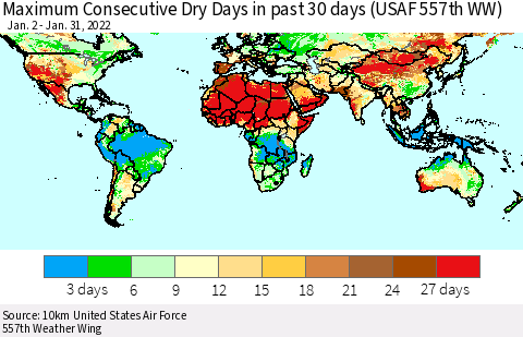 World Maximum Consecutive Dry Days in past 30 days (USAF 557th WW) 01/31/2022 Thematic Map For 1/26/2022 - 1/31/2022