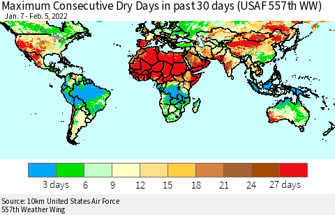 World Maximum Consecutive Dry Days in past 30 days (USAF 557th WW) 02/05/2022 Thematic Map For 2/1/2022 - 2/5/2022