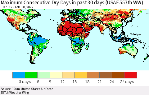 World Maximum Consecutive Dry Days in past 30 days (USAF 557th WW) 02/10/2022 Thematic Map For 2/6/2022 - 2/10/2022