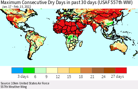 World Maximum Consecutive Dry Days in past 30 days (USAF 557th WW) 02/15/2022 Thematic Map For 2/11/2022 - 2/15/2022