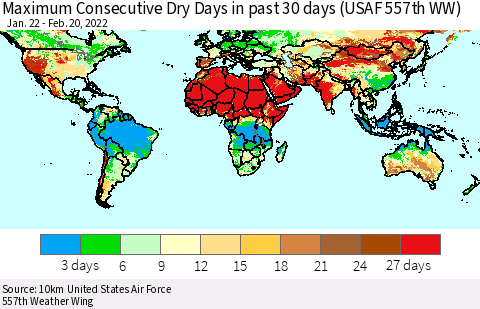 World Maximum Consecutive Dry Days in past 30 days (USAF 557th WW) 02/20/2022 Thematic Map For 2/16/2022 - 2/20/2022
