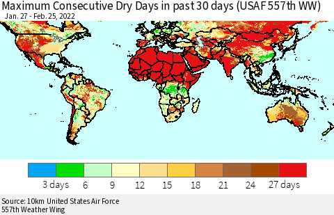 World Maximum Consecutive Dry Days in past 30 days (USAF 557th WW) 02/25/2022 Thematic Map For 2/21/2022 - 2/25/2022