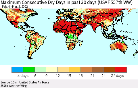 World Maximum Consecutive Dry Days in past 30 days (USAF 557th WW) 03/05/2022 Thematic Map For 3/1/2022 - 3/5/2022