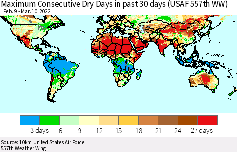 World Maximum Consecutive Dry Days in past 30 days (USAF 557th WW) 03/10/2022 Thematic Map For 3/6/2022 - 3/10/2022