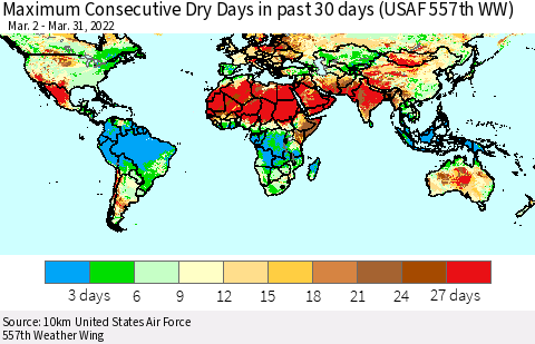 World Maximum Consecutive Dry Days in past 30 days (USAF 557th WW) 03/31/2022 Thematic Map For 3/26/2022 - 3/31/2022