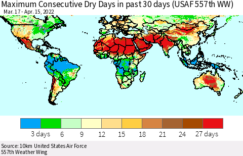 World Maximum Consecutive Dry Days in past 30 days (USAF 557th WW) 04/15/2022 Thematic Map For 4/11/2022 - 4/15/2022