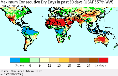 World Maximum Consecutive Dry Days in past 30 days (USAF 557th WW) 04/25/2022 Thematic Map For 4/21/2022 - 4/25/2022