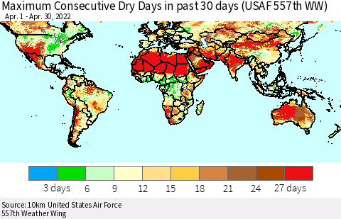 World Maximum Consecutive Dry Days in past 30 days (USAF 557th WW) 04/30/2022 Thematic Map For 4/26/2022 - 4/30/2022