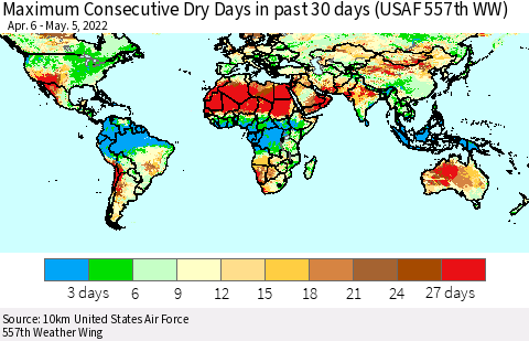 World Maximum Consecutive Dry Days in past 30 days (USAF 557th WW) 05/05/2022 Thematic Map For 5/1/2022 - 5/5/2022
