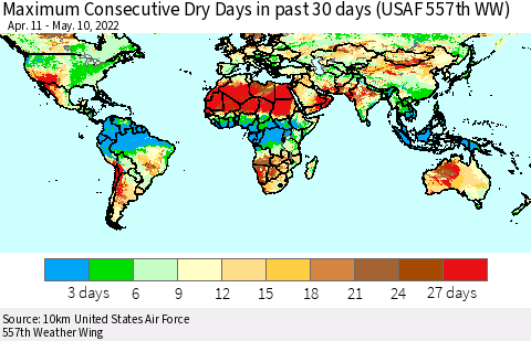 World Maximum Consecutive Dry Days in past 30 days (USAF 557th WW) 05/10/2022 Thematic Map For 5/6/2022 - 5/10/2022