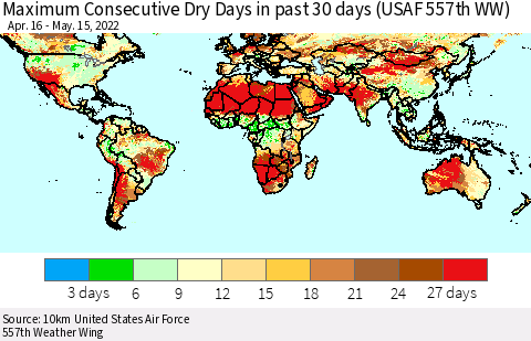 World Maximum Consecutive Dry Days in past 30 days (USAF 557th WW) 05/15/2022 Thematic Map For 5/11/2022 - 5/15/2022