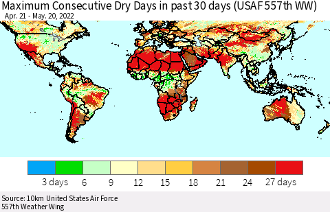 World Maximum Consecutive Dry Days in past 30 days (USAF 557th WW) 05/20/2022 Thematic Map For 5/16/2022 - 5/20/2022