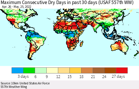 World Maximum Consecutive Dry Days in past 30 days (USAF 557th WW) 05/25/2022 Thematic Map For 5/21/2022 - 5/25/2022