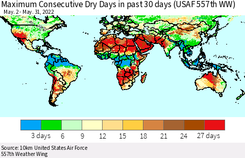 World Maximum Consecutive Dry Days in past 30 days (USAF 557th WW) 05/31/2022 Thematic Map For 5/26/2022 - 5/31/2022