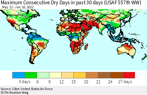 World Maximum Consecutive Dry Days in past 30 days (USAF 557th WW) 06/10/2022 Thematic Map For 6/6/2022 - 6/10/2022