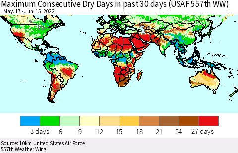 World Maximum Consecutive Dry Days in past 30 days (USAF 557th WW) 06/15/2022 Thematic Map For 6/11/2022 - 6/15/2022
