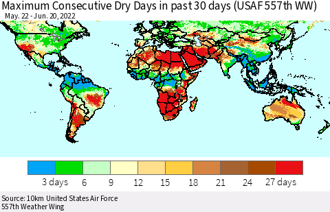 World Maximum Consecutive Dry Days in past 30 days (USAF 557th WW) 06/20/2022 Thematic Map For 6/16/2022 - 6/20/2022