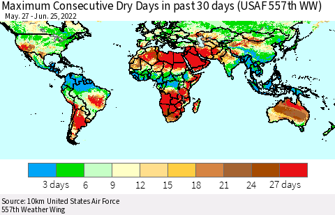 World Maximum Consecutive Dry Days in past 30 days (USAF 557th WW) 06/25/2022 Thematic Map For 6/21/2022 - 6/25/2022