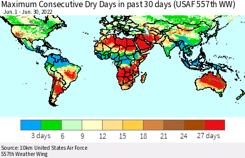 World Maximum Consecutive Dry Days in past 30 days (USAF 557th WW) 06/30/2022 Thematic Map For 6/26/2022 - 6/30/2022