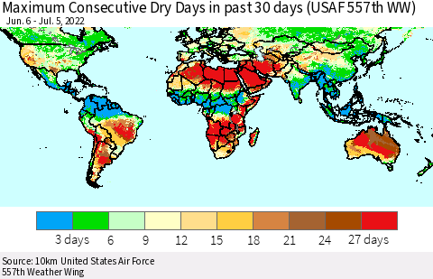 World Maximum Consecutive Dry Days in past 30 days (USAF 557th WW) 07/05/2022 Thematic Map For 7/1/2022 - 7/5/2022