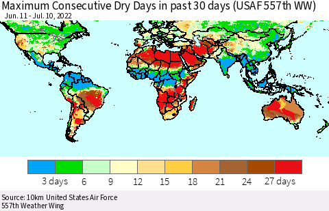 World Maximum Consecutive Dry Days in past 30 days (USAF 557th WW) 07/10/2022 Thematic Map For 7/6/2022 - 7/10/2022