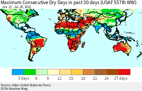 World Maximum Consecutive Dry Days in past 30 days (USAF 557th WW) 07/20/2022 Thematic Map For 7/16/2022 - 7/20/2022