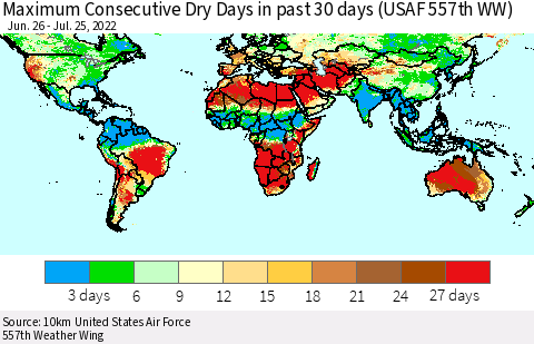 World Maximum Consecutive Dry Days in past 30 days (USAF 557th WW) 07/25/2022 Thematic Map For 7/21/2022 - 7/25/2022