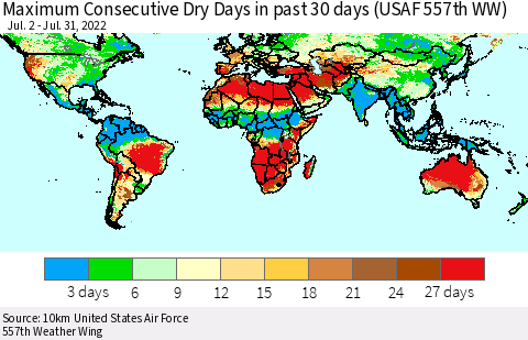World Maximum Consecutive Dry Days in past 30 days (USAF 557th WW) 07/31/2022 Thematic Map For 7/26/2022 - 7/31/2022