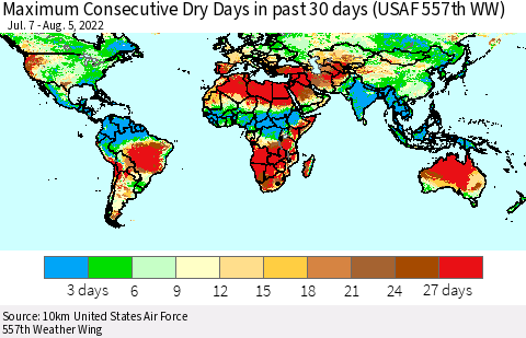 World Maximum Consecutive Dry Days in past 30 days (USAF 557th WW) 08/05/2022 Thematic Map For 8/1/2022 - 8/5/2022