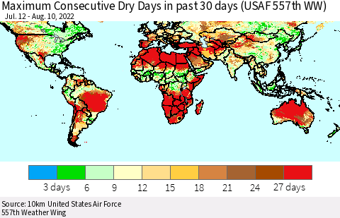 World Maximum Consecutive Dry Days in past 30 days (USAF 557th WW) 08/10/2022 Thematic Map For 8/6/2022 - 8/10/2022