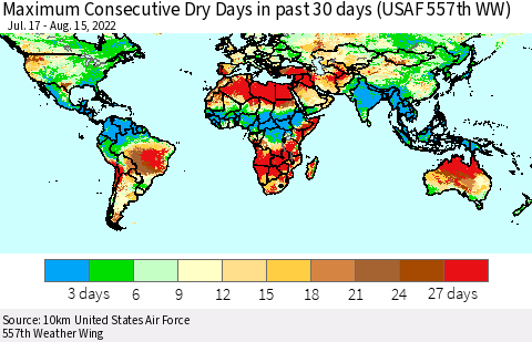 World Maximum Consecutive Dry Days in past 30 days (USAF 557th WW) 08/15/2022 Thematic Map For 8/11/2022 - 8/15/2022