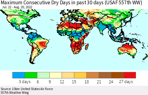 World Maximum Consecutive Dry Days in past 30 days (USAF 557th WW) 08/20/2022 Thematic Map For 8/16/2022 - 8/20/2022