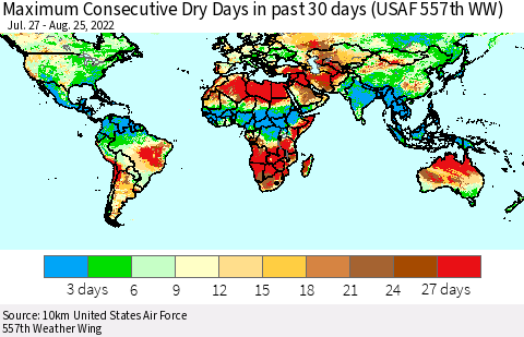 World Maximum Consecutive Dry Days in past 30 days (USAF 557th WW) 08/25/2022 Thematic Map For 8/21/2022 - 8/25/2022