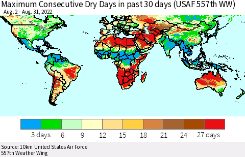 World Maximum Consecutive Dry Days in past 30 days (USAF 557th WW) 08/31/2022 Thematic Map For 8/26/2022 - 8/31/2022