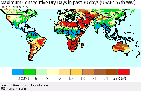World Maximum Consecutive Dry Days in past 30 days (USAF 557th WW) 09/05/2022 Thematic Map For 9/1/2022 - 9/5/2022