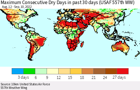 World Maximum Consecutive Dry Days in past 30 days (USAF 557th WW) 09/10/2022 Thematic Map For 9/6/2022 - 9/10/2022