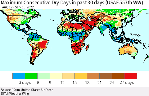 World Maximum Consecutive Dry Days in past 30 days (USAF 557th WW) 09/15/2022 Thematic Map For 9/11/2022 - 9/15/2022