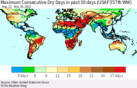 World Maximum Consecutive Dry Days in past 30 days (USAF 557th WW) 09/20/2022 Thematic Map For 9/16/2022 - 9/20/2022