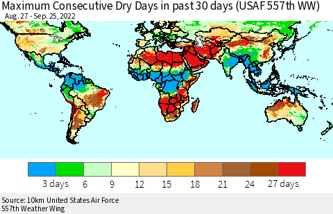 World Maximum Consecutive Dry Days in past 30 days (USAF 557th WW) 09/25/2022 Thematic Map For 9/21/2022 - 9/25/2022