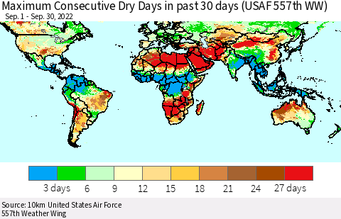 World Maximum Consecutive Dry Days in past 30 days (USAF 557th WW) 09/30/2022 Thematic Map For 9/26/2022 - 9/30/2022