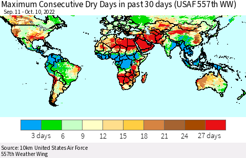 World Maximum Consecutive Dry Days in past 30 days (USAF 557th WW) 10/10/2022 Thematic Map For 10/6/2022 - 10/10/2022