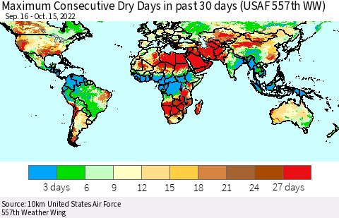 World Maximum Consecutive Dry Days in past 30 days (USAF 557th WW) 10/15/2022 Thematic Map For 10/11/2022 - 10/15/2022