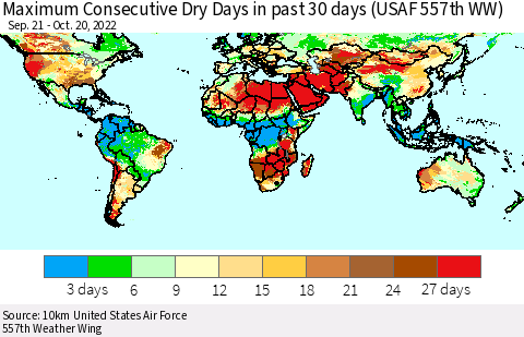 World Maximum Consecutive Dry Days in past 30 days (USAF 557th WW) 10/20/2022 Thematic Map For 10/16/2022 - 10/20/2022