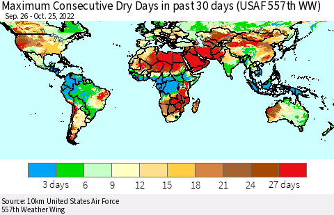 World Maximum Consecutive Dry Days in past 30 days (USAF 557th WW) 10/25/2022 Thematic Map For 10/21/2022 - 10/25/2022
