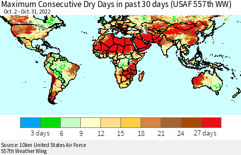 World Maximum Consecutive Dry Days in past 30 days (USAF 557th WW) 10/31/2022 Thematic Map For 10/26/2022 - 10/31/2022