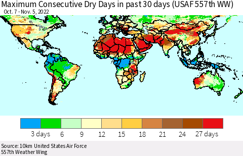 World Maximum Consecutive Dry Days in past 30 days (USAF 557th WW) 11/05/2022 Thematic Map For 11/1/2022 - 11/5/2022