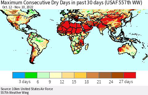 World Maximum Consecutive Dry Days in past 30 days (USAF 557th WW) 11/10/2022 Thematic Map For 11/6/2022 - 11/10/2022